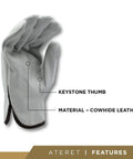 12 Pairs XXL Heavy Duty Cowhide Leather Work Gloves With Full Leather Palm And Keystone Thumb For Construction, Driving, Warehouse, Gardening, Farming And DIY Projects, White, showcasing keystone thumb and material features
