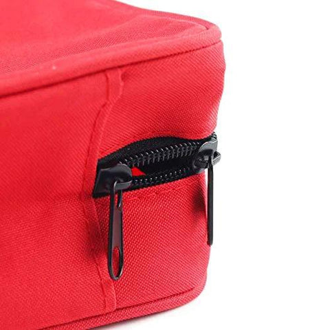 Close-up side view of red PAXLAMB first aid bag with dual zippers