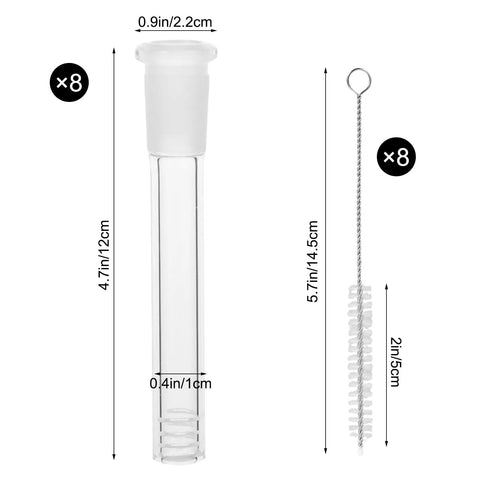 Eight 4.7 Inch Thick Borosilicate Glass Tubes With Cleaning Brushes, 14mm Diameter, shown with dimensions