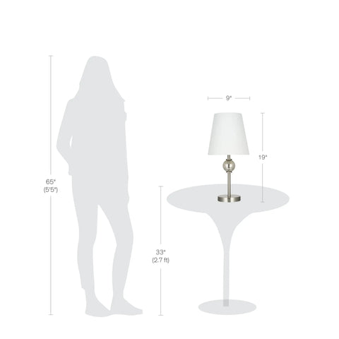 Transitional 3 Piece Table And Floor Lamp Set With Glass Font Detail, size comparison of table lamp with brushed nickel finish and white shade