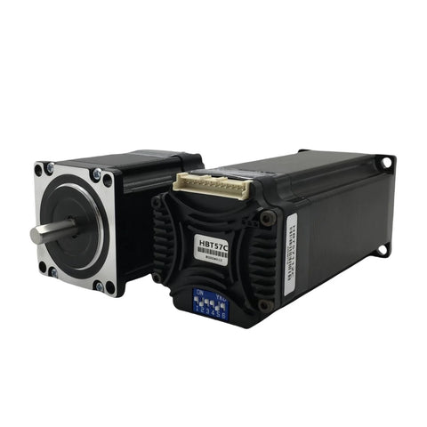 NEMA 23 57mm stepper motor and driver module; black housing, silver shaft, white connector