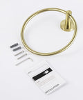 Brushed Gold Towel Ring For Bathroom, Round Wall Mount Hand Towel Holder, Rust-Resistant SUS 304 Stainless Steel With Matte Brushed Gold Finish, No-Fuss Easy Screw-Mount Installation, A2180DG-BZ flat lay view with mounting hardware and instructions.