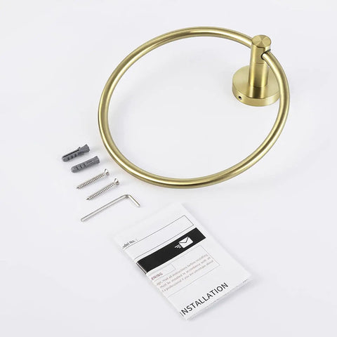 Brushed Gold Towel Ring For Bathroom, Round Wall Mount Hand Towel Holder, Rust-Resistant SUS 304 Stainless Steel With Matte Brushed Gold Finish, No-Fuss Easy Screw-Mount Installation, A2180DG-BZ flat lay view with mounting hardware and instructions.
