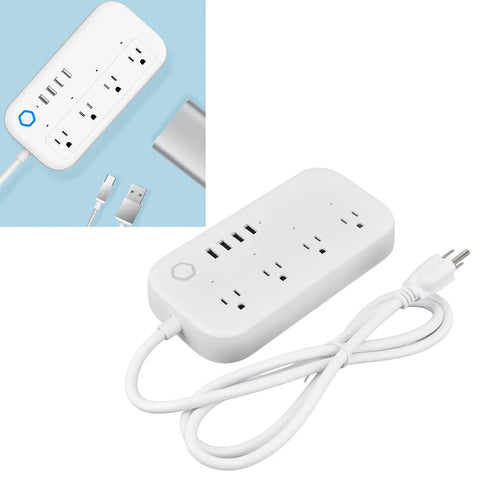 Smart Power Strip With Surge Protection Four Heavy Duty Outlets And Fast Usb Charging Ports For Home Office Tech close-up view