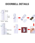 Diagram of Super Loud 90dB Door And Window Alarm Pack Of 13 with dimensions, battery placement, and installation steps.