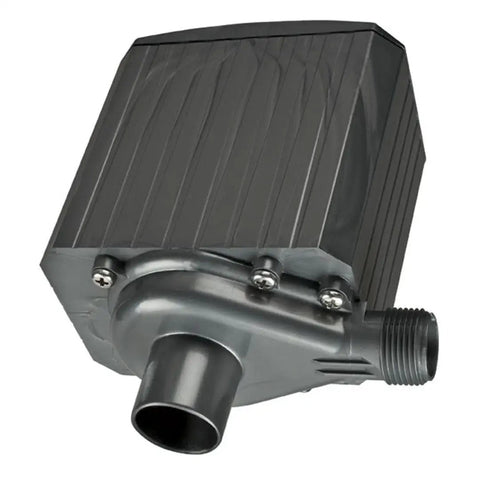 Close-up of 1200 GPH Magnetic Drive Utility Pump For Ponds Quiet Durable Black Outdoor Water Pump with intake and outflow ports.
