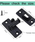 Black 90 Degree Latch Door Bolt with measurements for sliding and cabinet doors, stainless steel, rustproof coating shown.