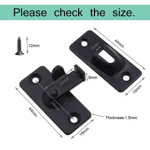 Black 90 Degree Latch Door Bolt with measurements for sliding and cabinet doors, stainless steel, rustproof coating shown.