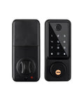 Built Tough As Nails Waterproof Biometric Smart Deadbolt Door Lock With Dual WiFi And Bluetooth Keyless Entry For Outdoor Weatherproof Security That Lets You Chill Easy All Day, black finish, keypad and fingerprint scanner design.