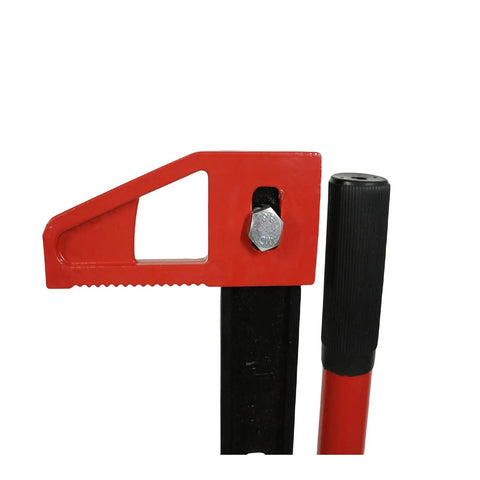 Close-up of 60 Inch Ratcheting Off Road Utility Jack 3 Ton 6600 Lb Heavy Duty Floor Bumper Lift in red with long handle detail