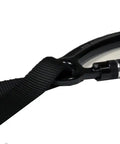 Black carabiner with strap, part of Safe Bucket With 250 Lb Load Rating Drawstring Vinyl Construction, Hard Composite Bottom Plate, Leather Sleeve Protecting Inserts, Engineered For Height Work, Durable Tool Bucket For Storing And Handling Tools On Job Sites