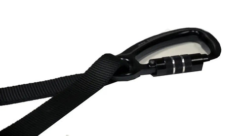 Black carabiner with strap, part of Safe Bucket With 250 Lb Load Rating Drawstring Vinyl Construction, Hard Composite Bottom Plate, Leather Sleeve Protecting Inserts, Engineered For Height Work, Durable Tool Bucket For Storing And Handling Tools On Job Sites