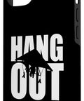 Funny Hang Glider Art iPhone 13 Case for Men and Women Hang Gliding Style Protective Two Part Scratch Resistant Cover Dope Gift Idea for Hang Gliding Fans and Adventurers showing a silhouette design and 'Hang Out' text.