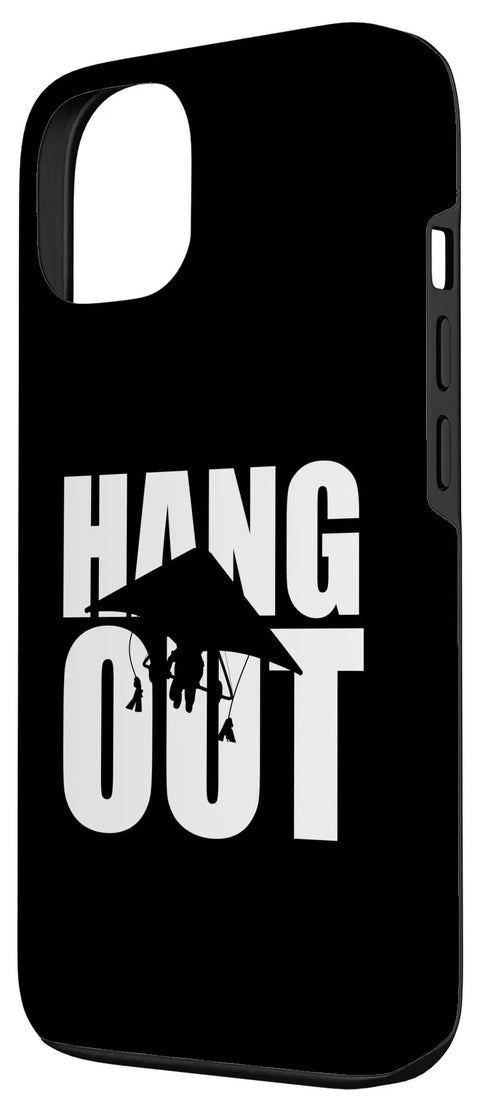 Funny Hang Glider Art iPhone 13 Case for Men and Women Hang Gliding Style Protective Two Part Scratch Resistant Cover Dope Gift Idea for Hang Gliding Fans and Adventurers showing a silhouette design and 'Hang Out' text.