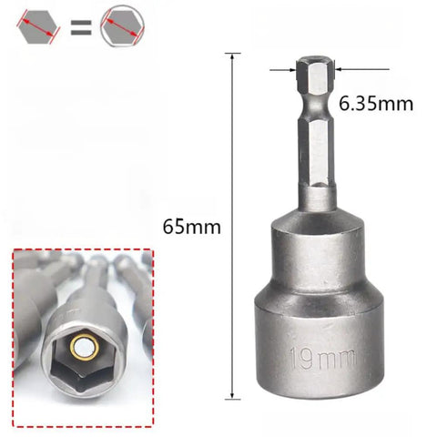 Two Piece Backup RV Jack Socket Drill Adapter with 1/4 Inch Quick Connect Hex Shank, 19mm Hex Drive, 65mm Length