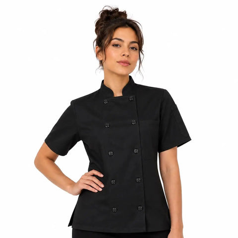 Womens Short Sleeve Double Breasted Black Chef Coat Featuring Ten Pearl Buttons And Tailored Kitchen Fit, model wearing chef coat.