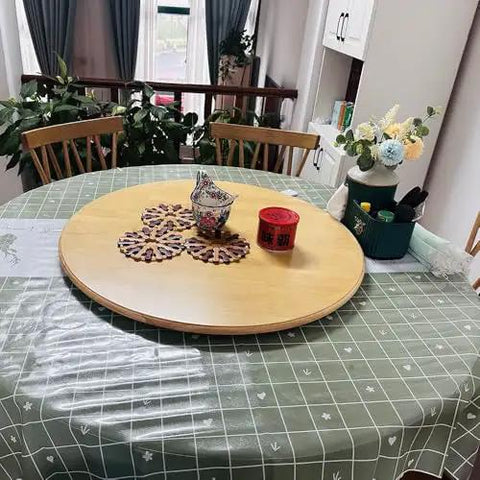 Rugged Wooden Lazy Susan Turntable Featuring Smooth 360 Spin For Dining Tables And Kitchen Counters with decorative center.
