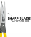 Top Notch Forged High Leverage Utility Shear 8 Inch Heavy Duty Scissors with serrated edge shown with sharp blade detail