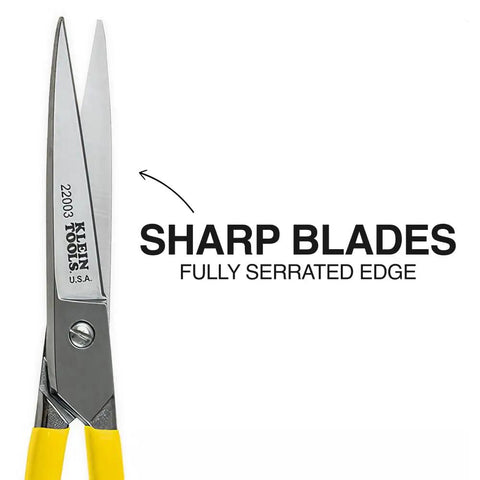 Top Notch Forged High Leverage Utility Shear 8 Inch Heavy Duty Scissors with serrated edge shown with sharp blade detail