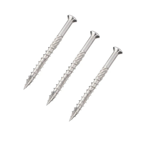 Heavy Duty Stainless Steel Self-Tapping Screws Kit For Wood Decks With Flat Head Phillips Drive, 40mm 5x40 Size, Zinc-Plated For Rust Resistance, No Pre-Drill Self-Drilling Tip, 40-Piece Pack For Bulk Projects And Quick Assembly, three screws