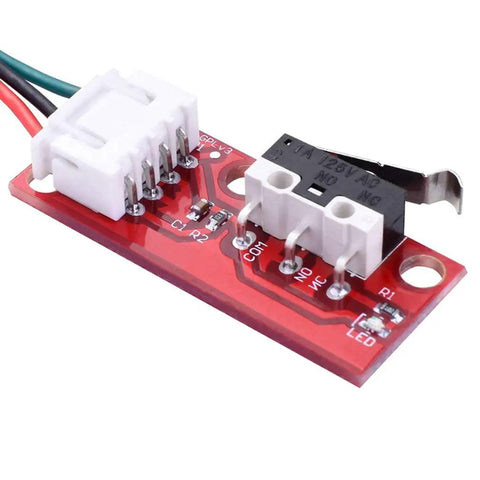 Close-up of Six Pack Mechanical Endstop Switch Kit for RAMPS 1.4, Red PCB with connector and wiring for 3D Printers