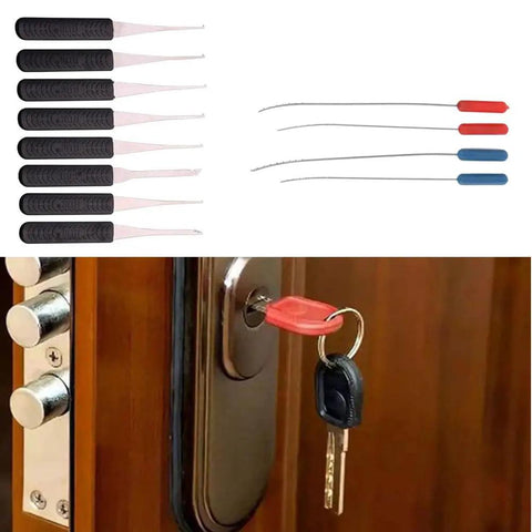 12 Piece Broken Key Extractor Kit For Locks Safes And Drawers Tap Extractor Set shown with lock and door