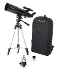 80mm Travel Scope Telescope Kit With Backpack And Smartphone Adapter For Beginners, Crisp Views Of The Moon And Planets, Lightweight Refractor With Fully Coated Glass Lenses, Travel Ready Gear For Daytime Skies And Easy Astronomy. Black 80mm refractor telescope on tripod with backpack and smartphone adapter.