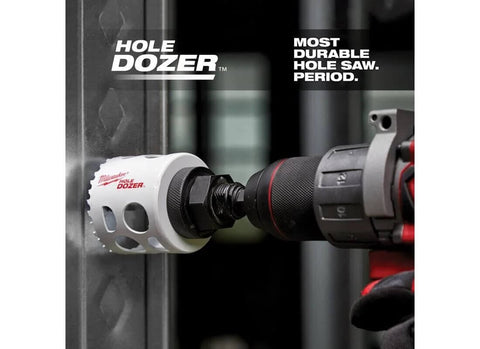 Milwaukee Hole Dozer 13-piece general purpose hole saw kit; white cutting head attached to a drill.