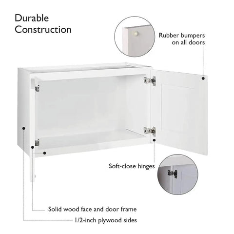 Brookings Shaker Bridge Wall Kitchen Cabinet W3012 30 W X 12 D X 12 H Painted White with open door showing soft-close hinges