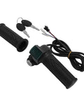 Upgrade Your Ride With This Smart LED Display Throttle Grip Pair Designed For 24-60V Ebike Systems Featuring Secure Lock-On Aluminum Clamps And Real-Time Battery Voltage Monitoring For A Safer And Smoother Electric Bike Journey No More Guessing What. Black rubber ebike throttle grip pair with LED voltage display, key switch, and wiring