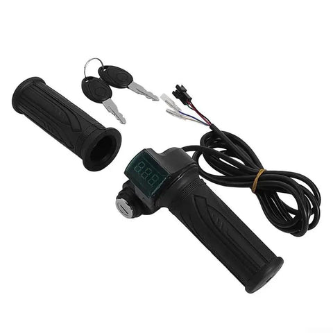 Upgrade Your Ride With This Smart LED Display Throttle Grip Pair Designed For 24-60V Ebike Systems Featuring Secure Lock-On Aluminum Clamps And Real-Time Battery Voltage Monitoring For A Safer And Smoother Electric Bike Journey No More Guessing What. Black rubber ebike throttle grip pair with LED voltage display, key switch, and wiring