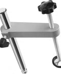 Two Pack Miter Saw Hold Down Clamps Lock Down Dead Nuts Secure Grip And Zero Slip Stability For Rock Solid Woodworking Builds And Flawless Precision Cutting, gray steel clamp with adjustable rubber feet.