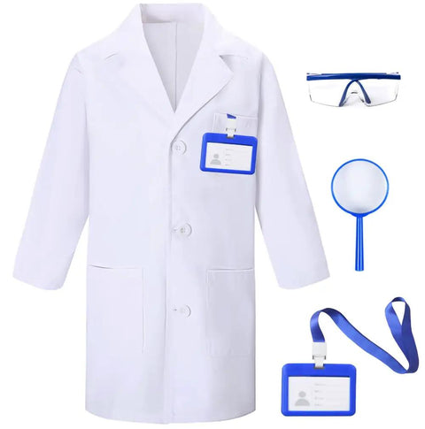 Kids Doctor Scientist Lab Costume Set For Role Play Four Piece Dress Up Kit With Thick White Coat Goggles ID Card Holder And Magnifier