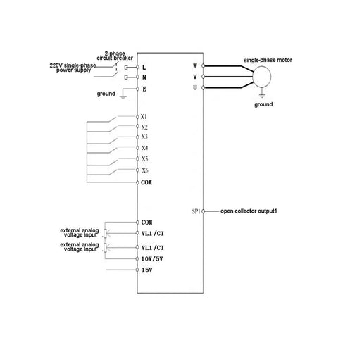 Diagram of Heavy Duty 4kW 220V Variable Frequency Drive Inverter For Single To Three Phase Motors showing wiring connections and inputs.