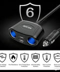 Heavy Duty Car Cigarette Lighter Splitter With Dual Usb Fast Charge Ports And 150W Power Outlet For Quick Charging Up To Four Gadgets Simultaneously, showing ports and safety features.