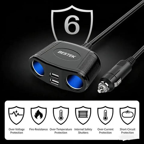 Heavy Duty Car Cigarette Lighter Splitter With Dual Usb Fast Charge Ports And 150W Power Outlet For Quick Charging Up To Four Gadgets Simultaneously, showing ports and safety features.