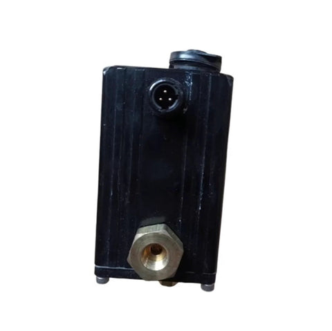 Front view of electric proportional valve PA155 89324, black rectangular valve with 4-pin round connector and brass port.