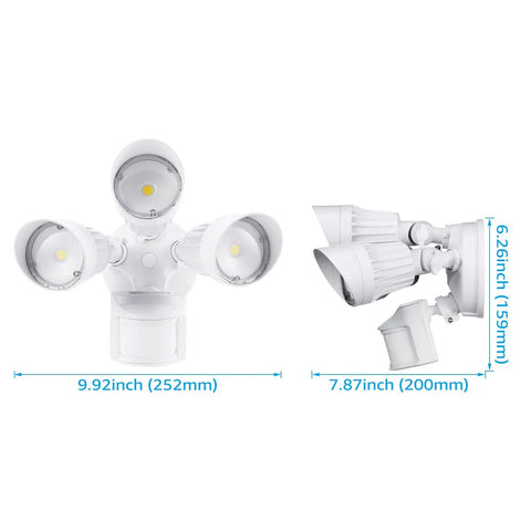 COB LED Outdoor Security Flood Light With Motion Sensor, 3-Head Adjustable design, Heavy Duty Aluminum, White, with dimensions