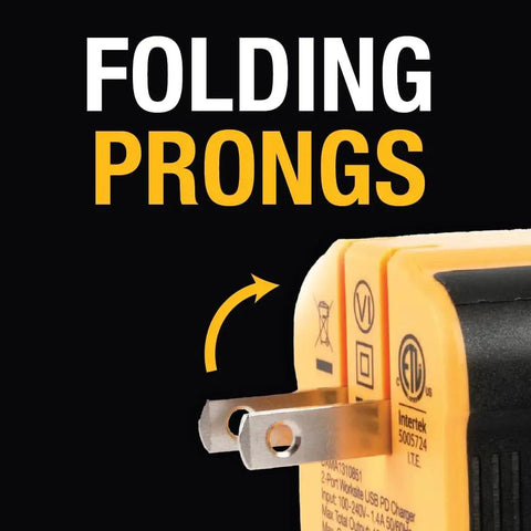 Close-up of folding prongs on Beefy USB Wall Charger Block With Angled Dual Ports 12W Foldable Plug Compact Cube Charger For iPhone 17 16 15 Pro Max.
