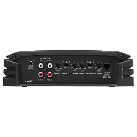 Rear view of Alpine S A32F 4 Channel Class D Digital Car Amplifier, 320 Watts Total Power, showing control panel and input outputs.