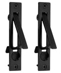 Edge Pull Latch Set For Barn Doors And Closets, Solid Forged Brass Handles In Matte Black, 2 Pack With Pocket Lock, front view