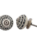 50 Pack Black Ceramic Drawer Knobs Featuring A Slick Striped Design For Kitchens And Dressers, close-up view of two knobs.