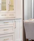 Set Of 12 SleekTouch Antique Brass Cabinet Pulls, 3 3/4 Inch Center To Center, installed on white kitchen cabinets
