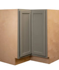 Zero Drama Setup Shaker Base Kitchen Cabinet With Lazy Susan Half Inch Plywood Construction Smooth Glide Soft Close Hinges Magnetic Gray Finish 18 X 30 X 34.5 Inches Made In America view of corner cabinet with gray doors and plywood frame
