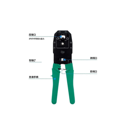 Professional Grade Cat5 Network Cabling Repair Tools And Battery Tester Kit close-up of tool with green handles.