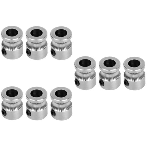 Set of 9 stainless steel extruder drive gear wheels for 3D printers with 5mm bore, precise filament grip, Ender 3 V2 compatible.