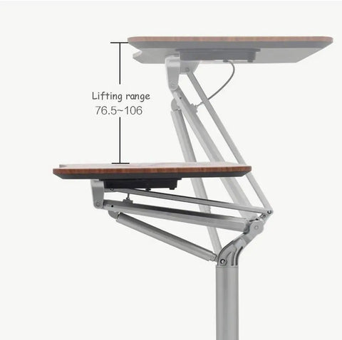 Zero Stress Height Adjustable Standing Desk With Smooth Roll Mobile Laptop Cart And Weight Bearing Pneumatic Lift For Relaxed Home Office Flex Setup White showing lifting range 76.5-106 cm.