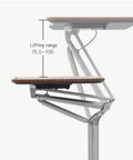 Smooth Rolling Mobile Standing Desk With Pneumatic Height Adjustable Laptop Cart showing lifting range from 76.5 to 106 cm.