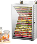 Real Deal Commercial Food Dehydrator Machine with 18 stainless steel trays full of dehydrated fruits and veggies.