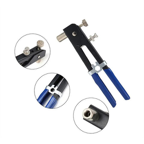 86 Piece Rivet Nut Tool Kit Hand Riveter Set With M3 M4 M5 M6 M8 Threaded Rivet Nuts And Mandrel Heavy Duty Drop Forged Steel Body Anti Slip Handle Pro Grade For Cars Machinery Trailers Furniture And Boats shown in close-up with blue anti-slip handles and rivet mandrels.